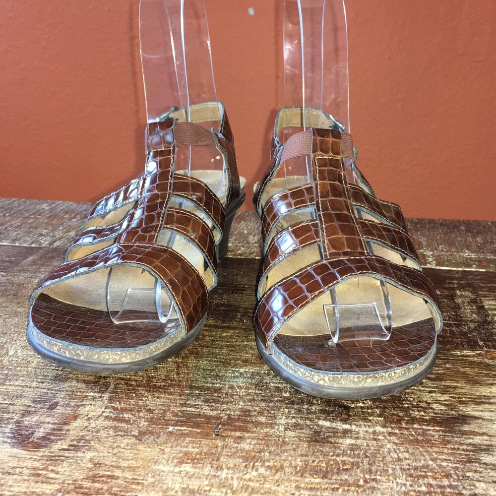 SAS Allegro Heel Strappy Sandal Womens 9 M Cognac Croc Brown Minimalist Staple - Picture 2 of 11